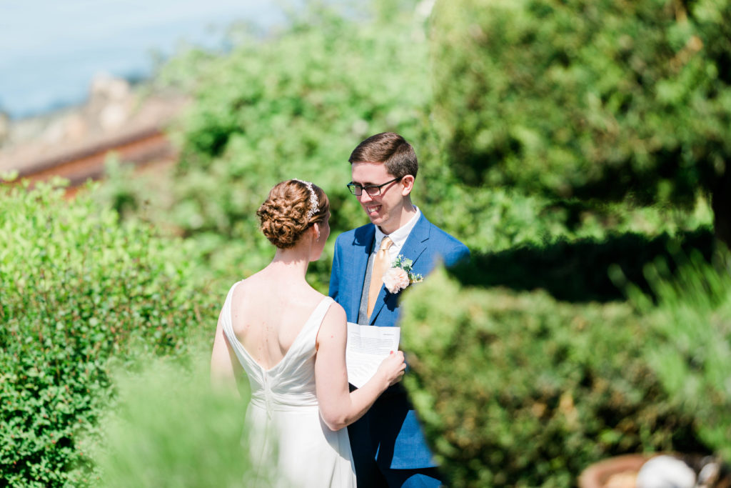 bride and groom in outdoor garden area during nautical inspired wedding day