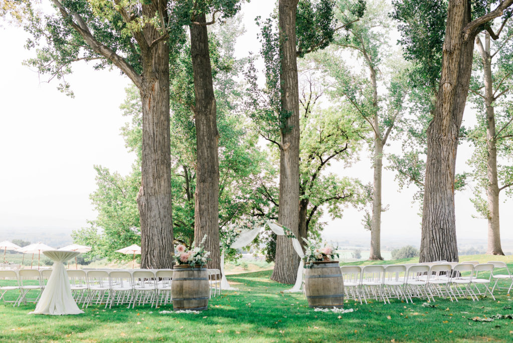 outdoor ceremony space with white chairs set up under a grove of trees
