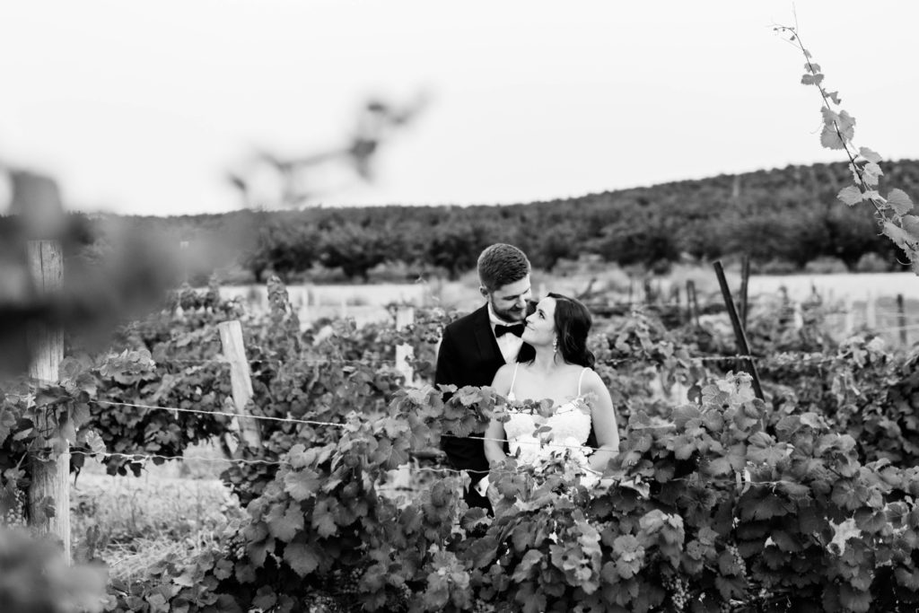 black and white weddin gphoto of bride and groom embracing in a vineyard outdoor wedding venue