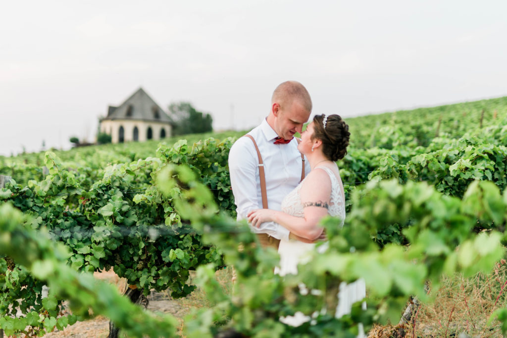 bride and groom in the middle of a green wine vineyard in Boise Idaho with the groom resting his fore head on the brides head as she looks up at him romantically