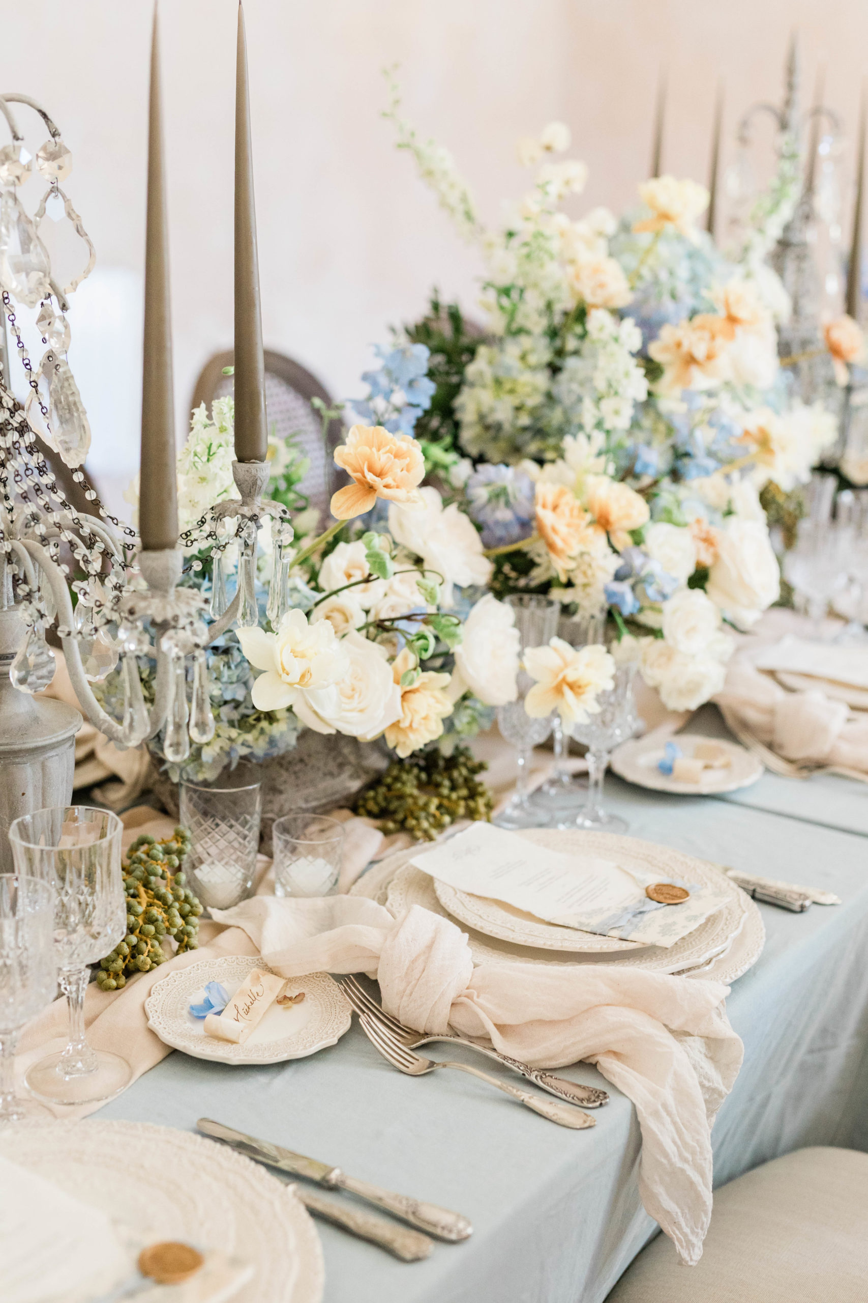 close up of timeless blush,white,and blue florals at destination wedding in france