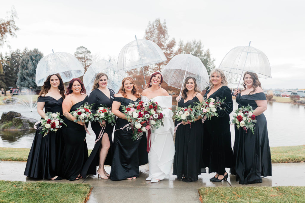 Boise wedding photographer captures bride and bridesmaids with boho mismatched bridesmaid dresses