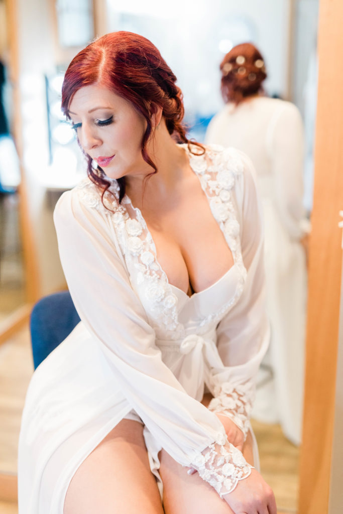 Boise wedding photographer captures bride wearing white robe