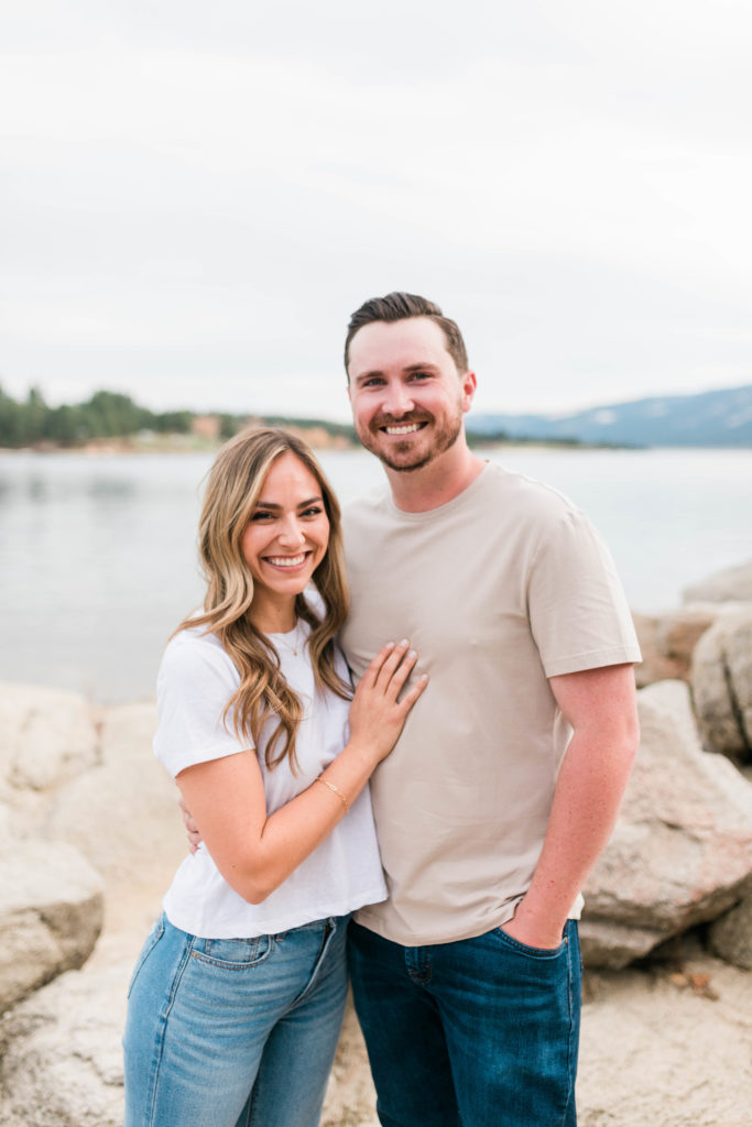 Boise wedding photographer captures couple standing together with woman's hand on man's chest