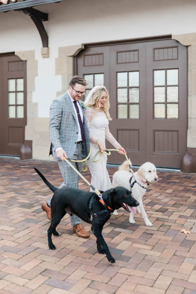 Boise wedding photographer captures bride and groom walking with pets after wedding ceremony