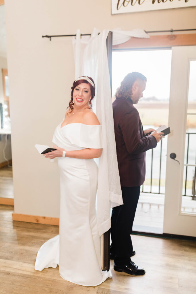 Boise wedding photographer. captures bride and groom during first vow reading
