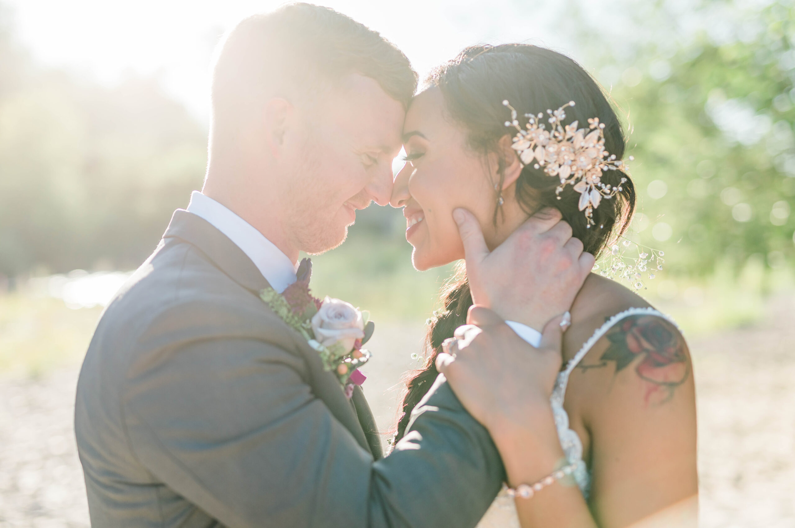 Boise wedding photographer captures couple forehead to forehead at Boise wedding venue